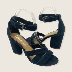 Splendid Navy Blue Suede Strappy Adjustable Ankle Strap Oval Block Heel Sandal 9